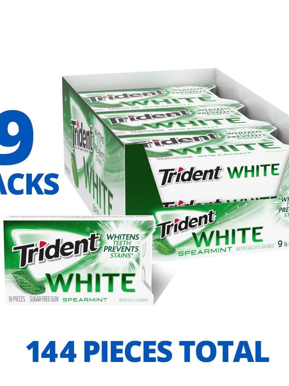 White Spearmint Sugar-Free Chewing Gum, 9 Pack of 16 Pieces 144 Total Pieces - Picture 3 of 16